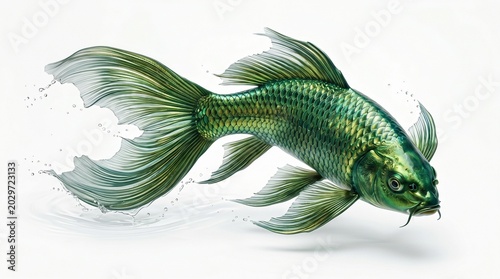 Ultra Realistic Emerald Jade Koi Fish on White Background