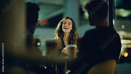 Friends gather at a cafe to enjoy drinks and conversation during the evening hours