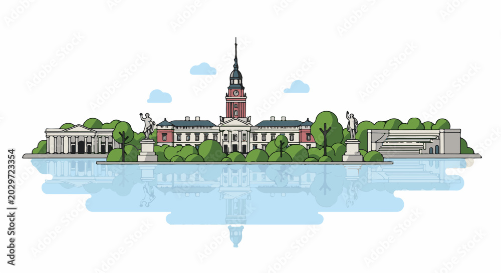 Obraz premium An illustrative cityscape with classical architecture, statues, trees, and water reflections