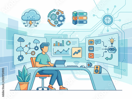 Modern Digital Business Scene Vector Illustration