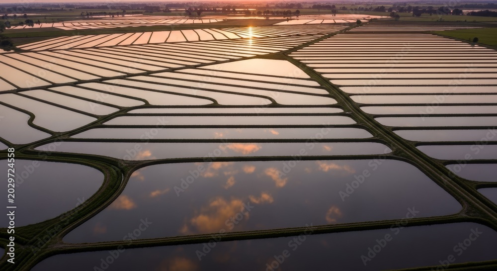 Fototapeta premium Aerial View of Geometric Rice Fields Reflecting Sunset Sky and Clouds at Dusk