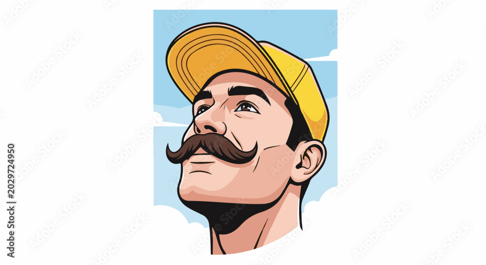 Fototapeta premium Animated man with large mustache and yellow cap looking up at a cloudy sky