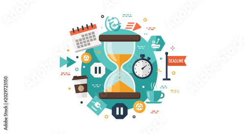 Time Management and Productivity Illustration with Hourglass, Calendar, Stopwatch, and Deadline Flag for Business Planning and Efficient Workflow