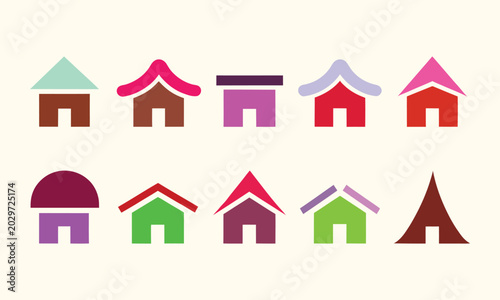Foto Ten colorful house in various shapes and roof styles