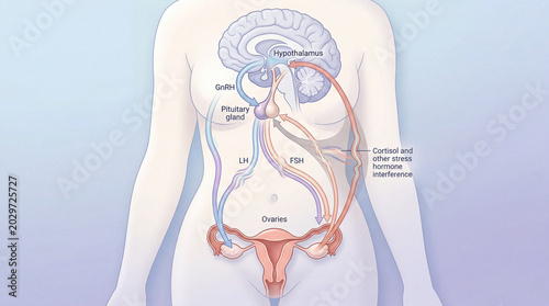 Unveiling the intricate dance of female hormones within the body, illustrating the delicate balance of the HPO axis and stress influence