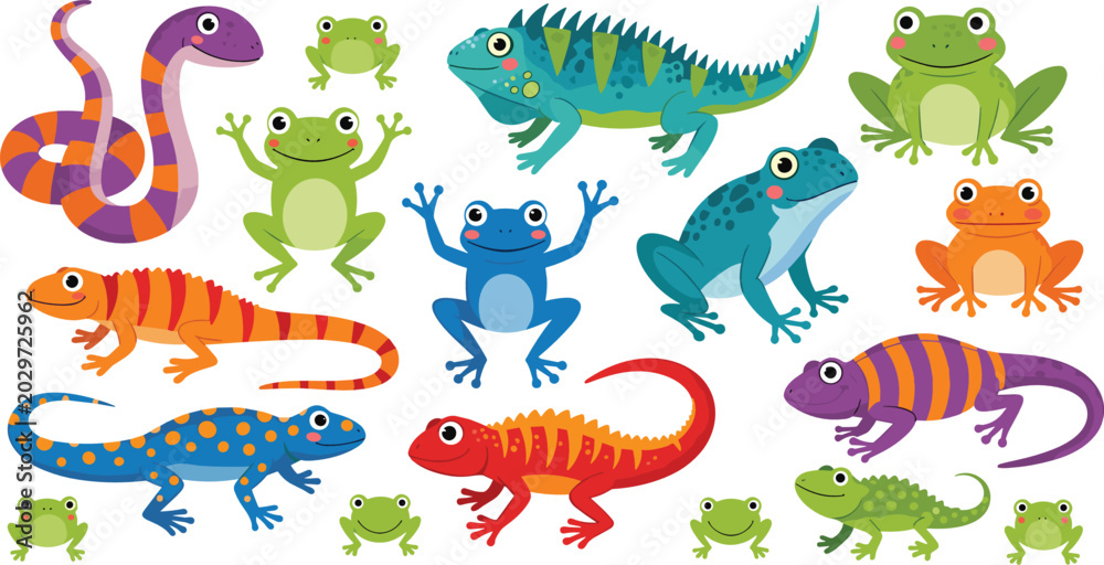 Naklejka premium Cute Cartoon Reptiles and Amphibians Vector Set Featuring Colorful Toy Lizards, Iguanas, Gekkos, Snakes, and Frogs for Kids Wildlife Illustration Designs