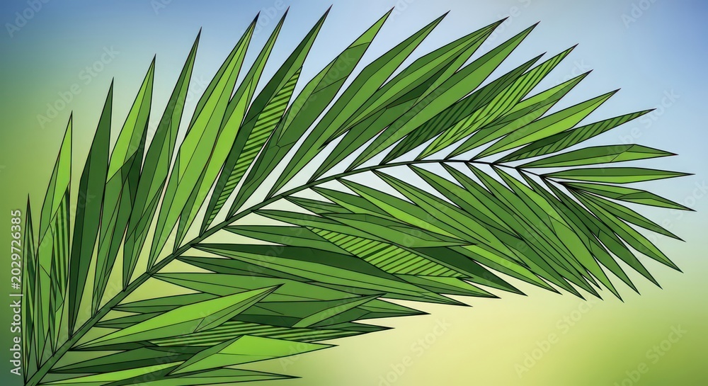 Fototapeta premium Vibrant Green Palm Leaf Frond Against Soft Blue Sky Background
