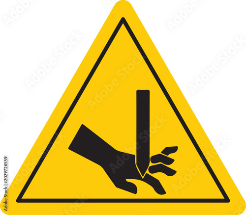 Warning sign for sharp object hazard black pictogram of hand being cut by a sharp edge on a yellow triangle background safety symbol for danger
