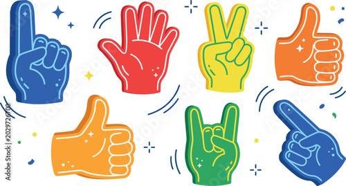 Bild auf Leinwand Cartoon Hand Gesture Vector Collection Featuring Colorful Thumbs Up, Peace Sign,