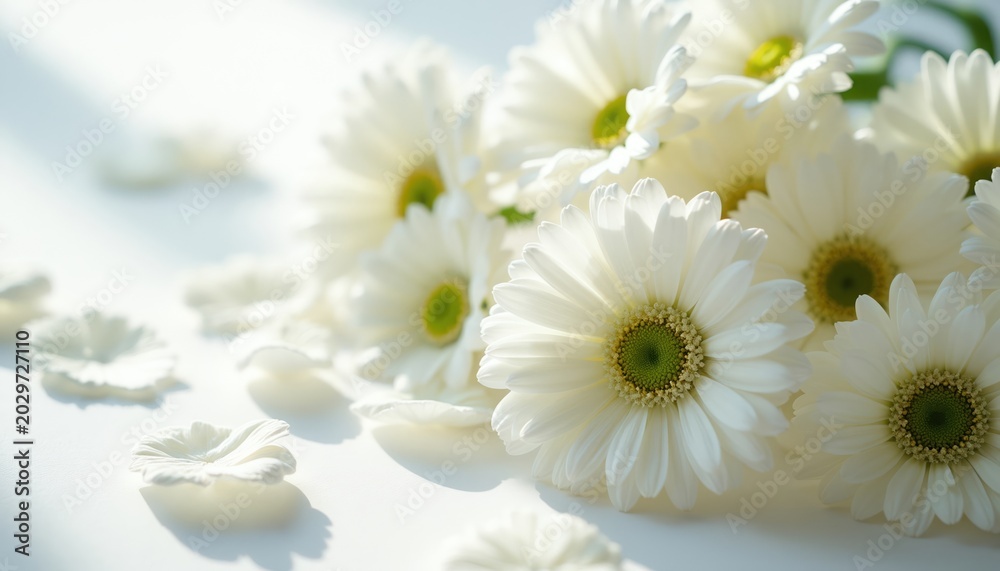 Fototapeta premium White daisy flowers with green centers lay on white surface. Many petals scattered around bloom bunch creating delicate soft romantic beauty. Natural light creates soft shadows on background.