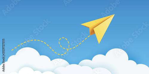 Fotografi Yellow Paper Airplane Icon, Vector Illustration