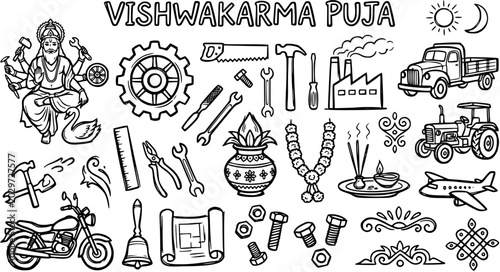 Canvas Print Vishwakarma Puja Festival Line Art Doodle Vector Set: Lord Vishwakarma, Industrial Tools, Vehicles  Devotional Items for Engineering and Craftsmanship Celebration