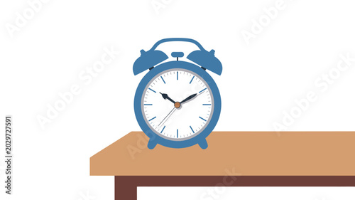 Foto Blue alarm clock on wooden table symbolizing time, morning routine, wake up and