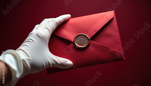 Hand in white glove holds red envelope with copper wax seal. Special delivery important message sent with care. Formal communication, premium mail service, official document exclusive invitation.