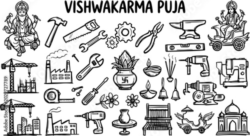 Tableau sur toile Vishwakarma Puja Line Art Set: Hindu God of Craftsmen, Tools, Construction, Manufacturing  Religious Festival Icons in Black and White Doodle Style