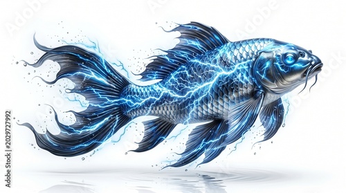 Ultra Realistic Thunderstorm Lightning Koi Fish on White Background