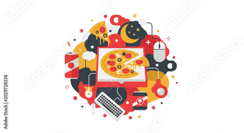 Flat Illustration of Pizza Delivery, Late Night Gaming Snacks, and Coding Lifestyle with Keyboard and Mouse