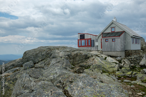 DNT Folgefonna hytte on top of the Folgefonna Glacier. Mountain hut near the Folgefonna Glacier in western Norway, surrounded by rugged alpine terrain and dramatic Nordic landscapes.