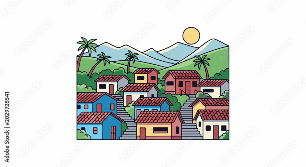 Naklejka premium Colorful houses climb a hillside under a bright sun and distant mountains