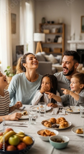 Happy multi-ethnic family laughing together during breakfast at home.