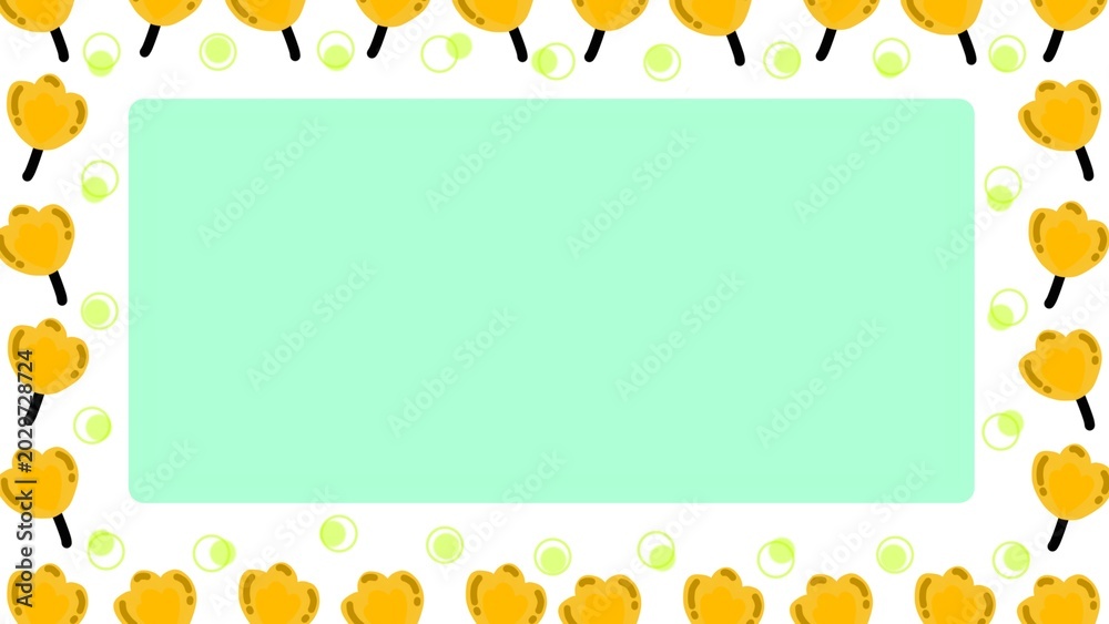 Fototapeta premium Cute yellow tulip flowers frame with copy space. Kawaii floral border background template for greeting cards, invitations, and nursery decor.