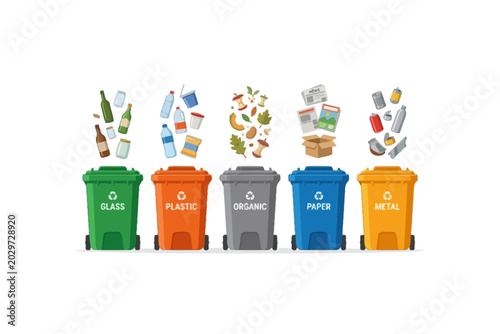 Schilderij op canvas Waste Segregation Recycling Bins with Sorted Garbage Icons