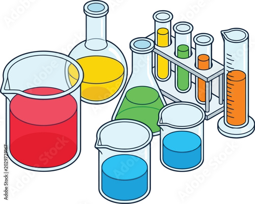 Laboratory Glassware with Colorful Liquids Isometric Illustration