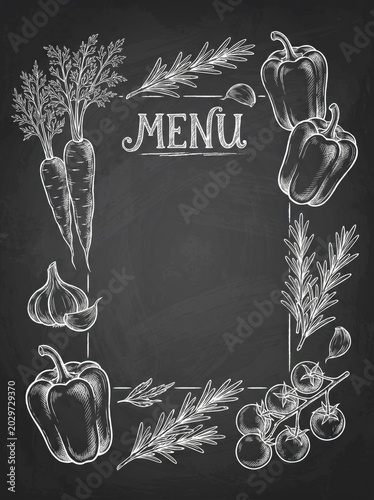 chalkboard restaurant menu template with hand-drawn vegetables and herbs. carrots, peppers, tomatoes, and garlic sketch on black background. vegan food flyer, cafe design, recipe card. copyspace.
