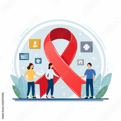 Community engagement and collective support for health awareness, symbolized by people interacting with a prominent red ribbon, promoting education and prevention initiatives