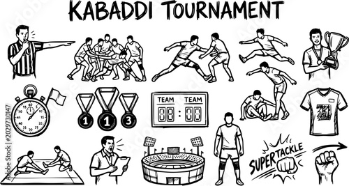 Kabaddi Tournament Black and White Line Art Icons Set. Hand drawn sketch collection of sport elements, players, referee, trophy, medals, and stadium.
