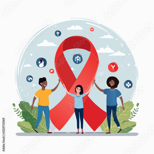Diverse group of people holding a large red ribbon for HIV and AIDS awareness and solidarity in healthcare