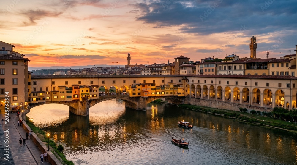 Fototapeta premium Ponte Vecchio bridge at sunset in Florence Italy