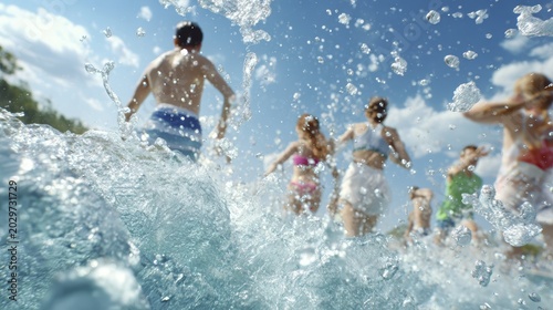 Joyful summer day with friends running into refreshing blue water