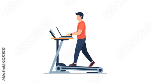 Man Working on Laptop While Walking on a Treadmill Desk Flat Vector Illustration