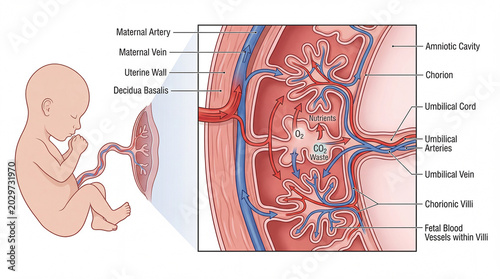 Fetal life support system revealing the intricate exchange of oxygen nutrients and waste between mother and developing baby in the placenta