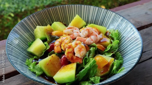 Mouthwatering Shrimp and Vibrant Colors Melon and Green Salad