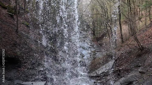 Behind the falls view of water cascading from a waterfall