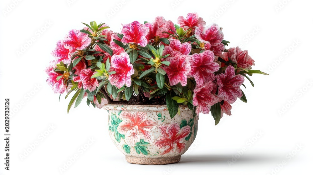 Fototapeta premium beautiful blooming flowers in ceramic pot, fresh and vibrant colors, isolated on white background, hyper realistic studio photo, canon style, 8k