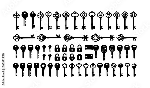Antique skeleton key silhouettes with padlock icons and monochrome vector collection