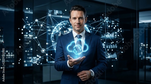 Corporate entrepreneur showcasing innovative tech solution for global data flow integration and software synchronization