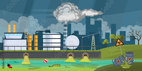 Vector illustration of urban landscape of environmental pollution. Cartoon scenes of oil production factory buildings, smoke pipes, reservoirs with polluted water, containers with radioactive waste.