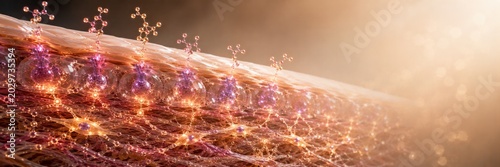 Cellular antioxidant repair visualized inside dermal layers with copy space, skin regeneration, anti aging dermatology science, aesthetic medical beauty biotechnology concept.