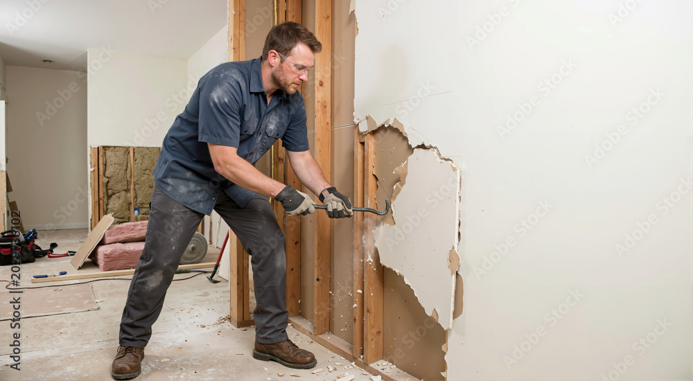 Fototapeta premium Man wearing safety glasses using crowbar to remove drywall from wooden studs. Male contractor tearing down interior wall during home demolition and remodeling