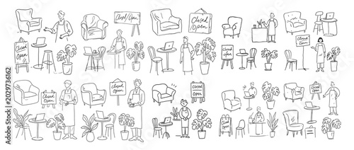 Extensive collection of hand drawn cafe interior elements and staff vector icons