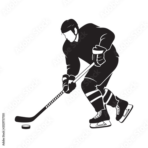 Canvas Print Hockey player silhouette with stick and puck black on white