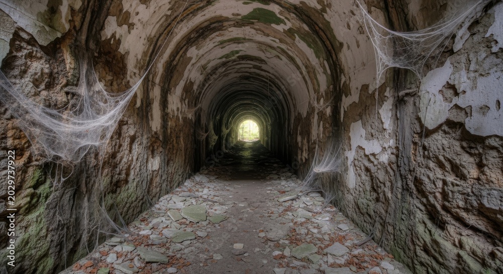 Obraz premium Crumbling abandoned tunnel with cobwebs, dust, and peeling paint leading to a distant light