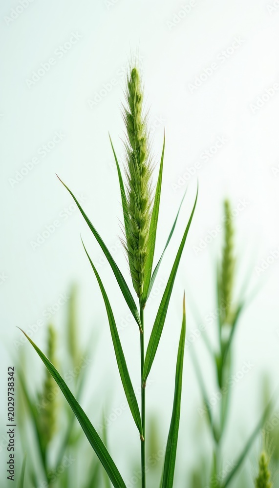 Naklejka premium Green grass stalk with seed head, isolated on light background. Detailed close-up view of wild plant growing in field. Fresh vegetation with long leaves and soft spikes.