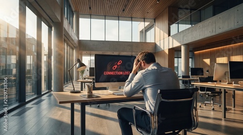 stressed caucasian businessman looking at computer monitor with connection lost message. internet outage in modern corporate office. copyspace, banner, website header.