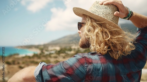 Relaxed vacationer enjoying scenic view, upper body peaceful expression, natural sunlight, blurred landscape