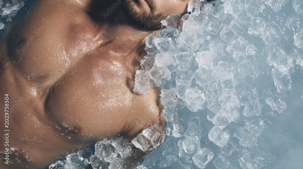 Fototapeta premium Refreshing ice bath with relaxed man embracing cold therapy for health and wellness